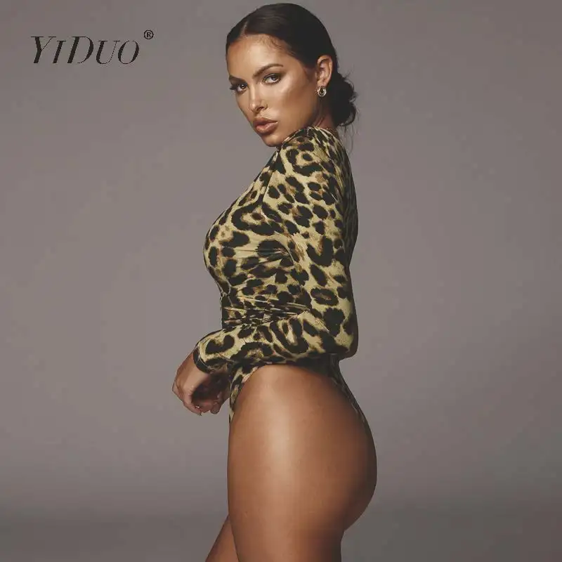 

YiDuo One Shoulder Fashion Snake Print Sexy Bodysuits Short Romper Womens Jumpsuit Slim Long Sleeve Female Leopard Body Mujer