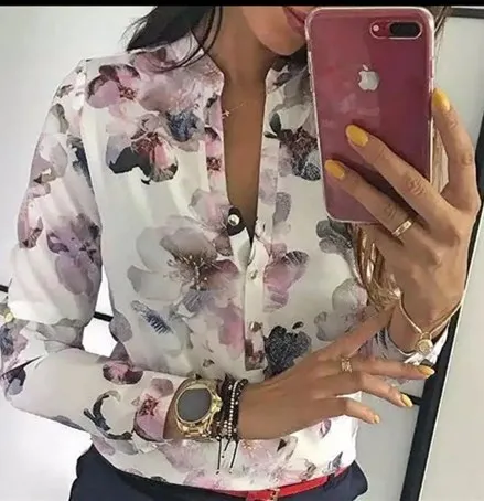 

Explosive Hot-selling Ladies Printed Shirt Commuter Slim Top Button Long-sleeved Fashion Sleeve Length(cm) Color Style Material