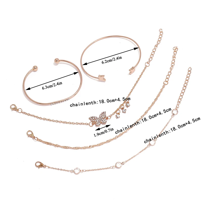 

5pcs/set Bohemian Rhinestone Butterfly Open Bracelets Elegant Cuff Bangle For Women Gold Color Chain Bracelet Sets Jewelry Gifts