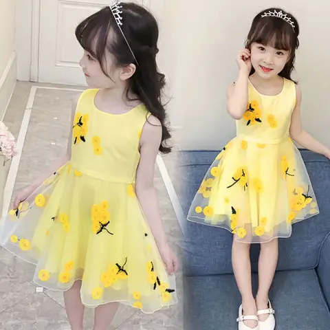 Платье для девочек; Летняя новая модная детская одежда в Корейском стиле; От 1 до 9 лет Сетчатое платье принцессы без рукавов для девочек