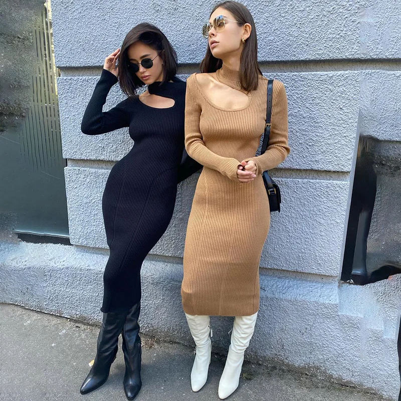 

2021 Autumn Winter Solid Sweater Bodycon Dress Women Midi Hollow Out Long Sleeve Black Khaki Knitted Dresses Party Elegant Sexy