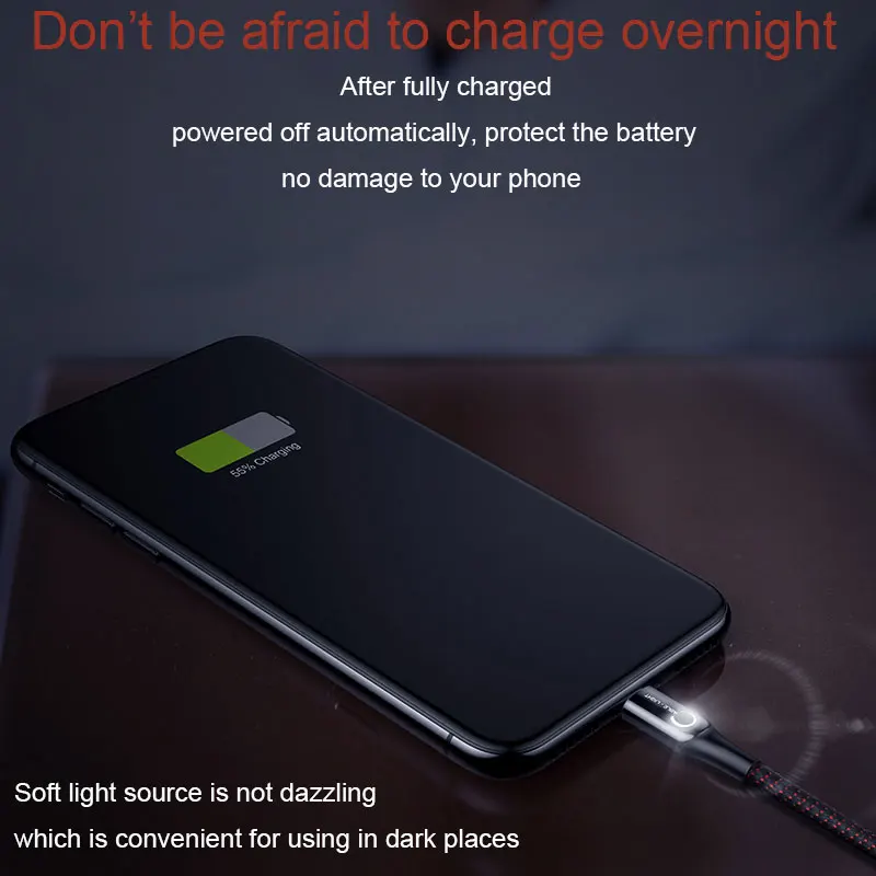 Baseus LED Light USB Cable For iPhone 11 Pro XS Max XR X 8 7 6 S Plus Auto Disconnect 2.4A Fast Charging Charger Cable Data Cord