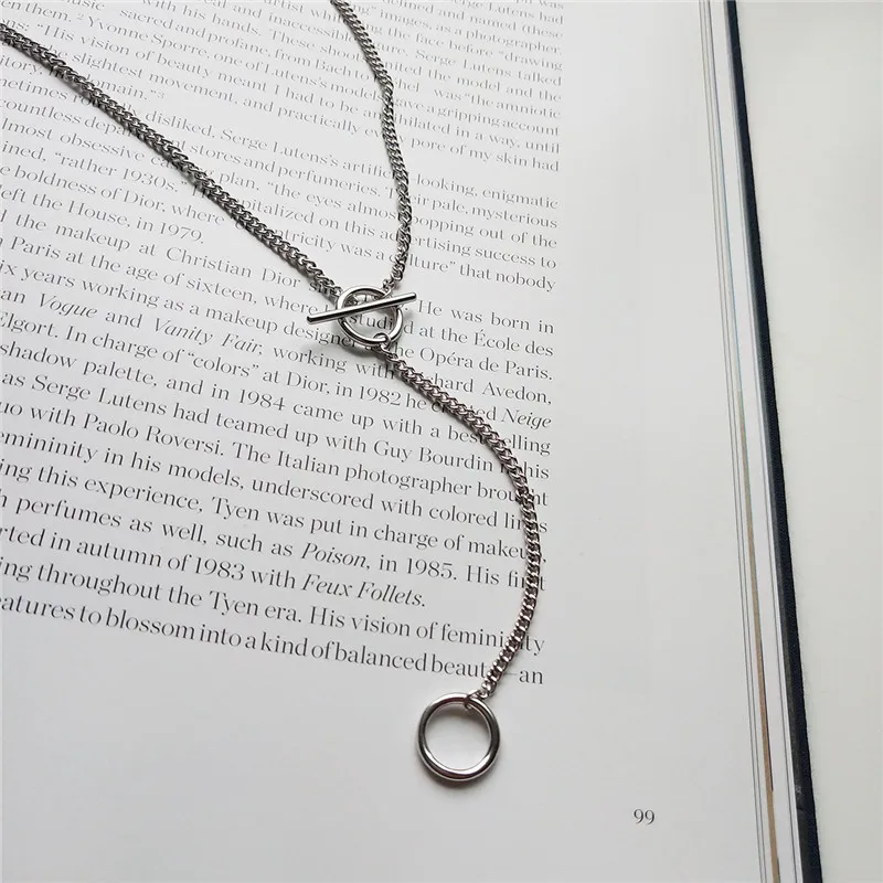 

POFUNUO Women Real 925 Sterling Silver Double Circle Pendant Necklace Japanese Korean Girls Niche Minimalist OT Buckle Chokers