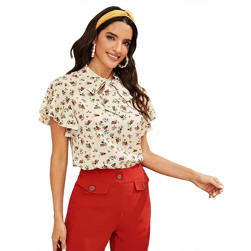 

Summer 2021 Women Fashion Tops Mujer Floral Print Graphic T Shirts Vintage Loose Waist Short Sleeve Tees Casual Bandage Pullover