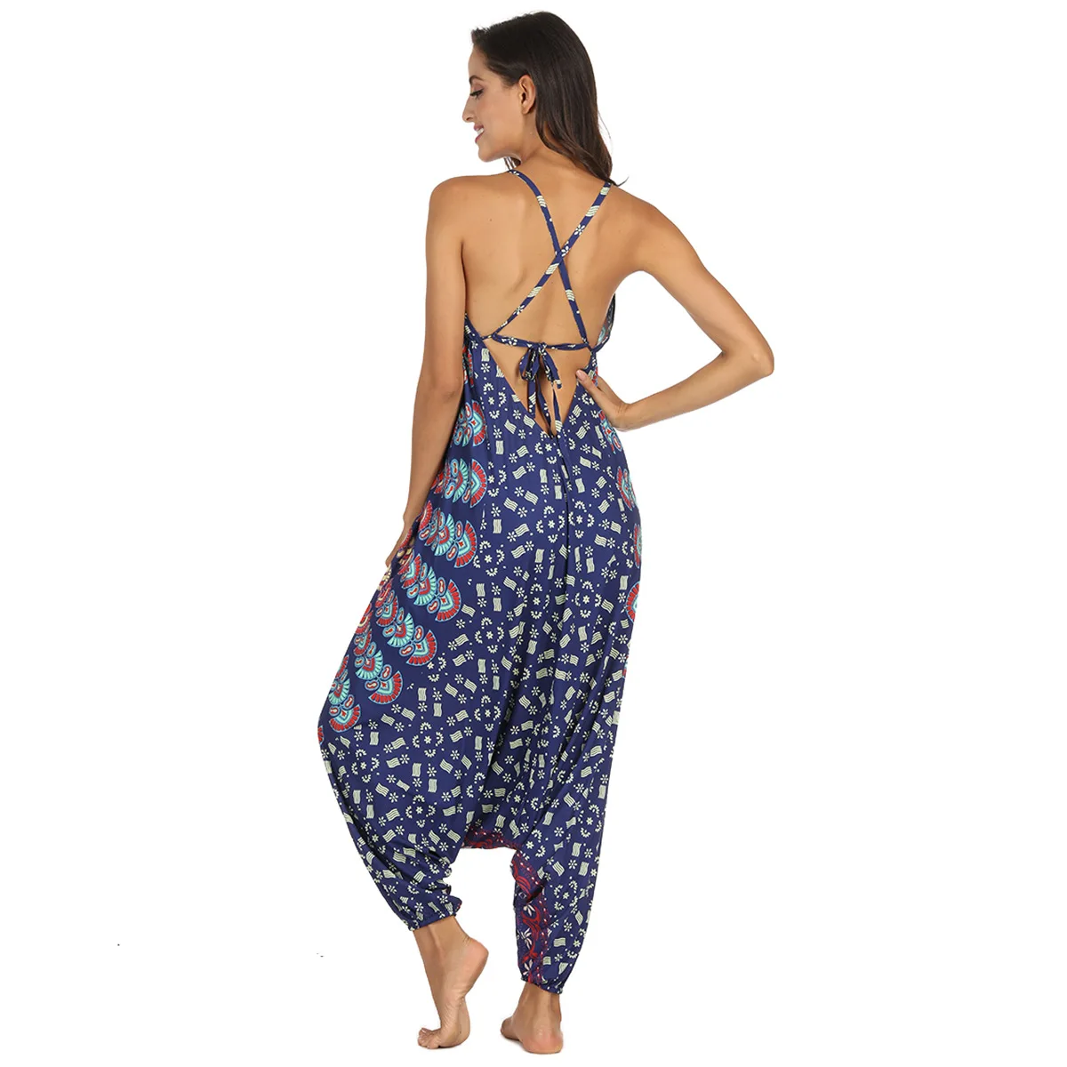 

2021 New Pop Digital Printing Summer Loose Wide-leg Jumpsuit Suspenders V-neck Sports Yoga Pants Streetwear Women Pants Women