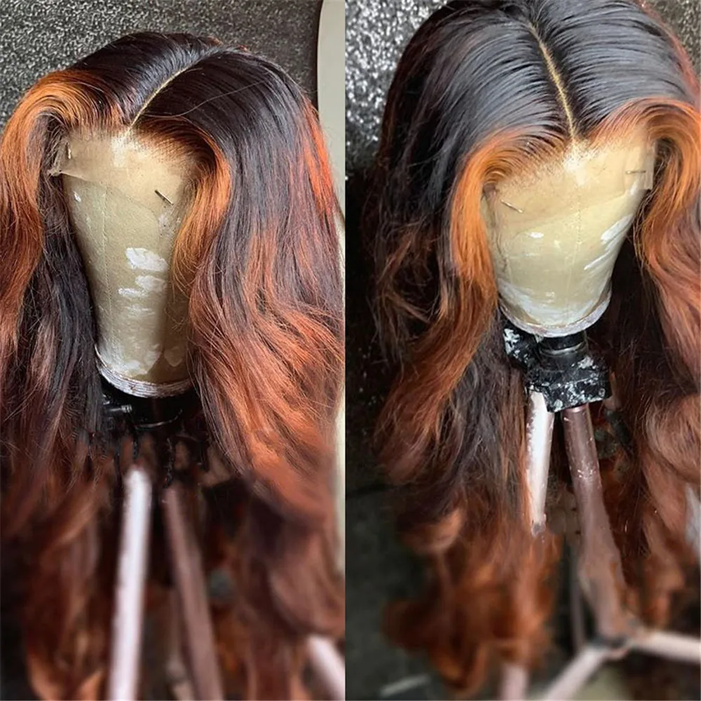 Ginger Highlight Colored Lace Front Wigs Glueless Fake Scalp PU silk base Ombre Colored Human Hair Wavy For Black Women