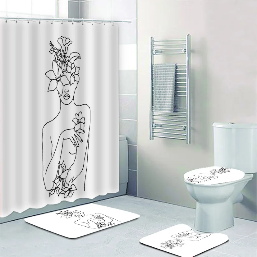 

Modern Abstract Line Art Girl Woman Shower Curtain and Bath Rugs Set Minimalist Sketch Outline Drawing Toilet Accessories Decor