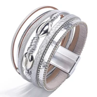 european and american new pu leather multi layer magnet buckle hand woven shell accessories womens bracelet