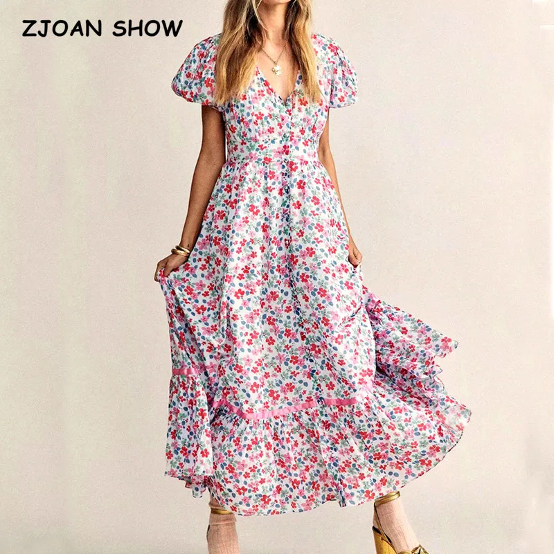 

Женское платье с цветочным принтом, розовое праздничное платье макси в цыганском стиле с V-образным вырезом, рукавами-фонариками, пуговицам...