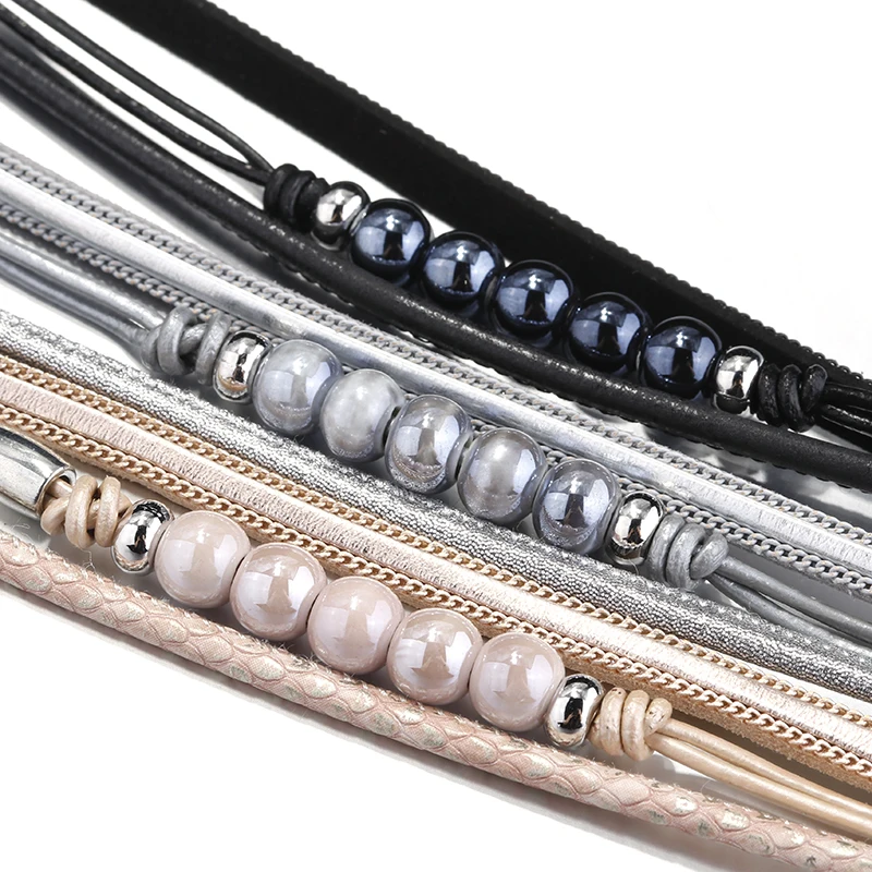 Amorcome Керамика бусины Кожаные браслеты для Для женщин модные Браслеты& Bangles, многослойные, в стиле бохо Обёрточная Бумага браслет женский ювелирные изделия