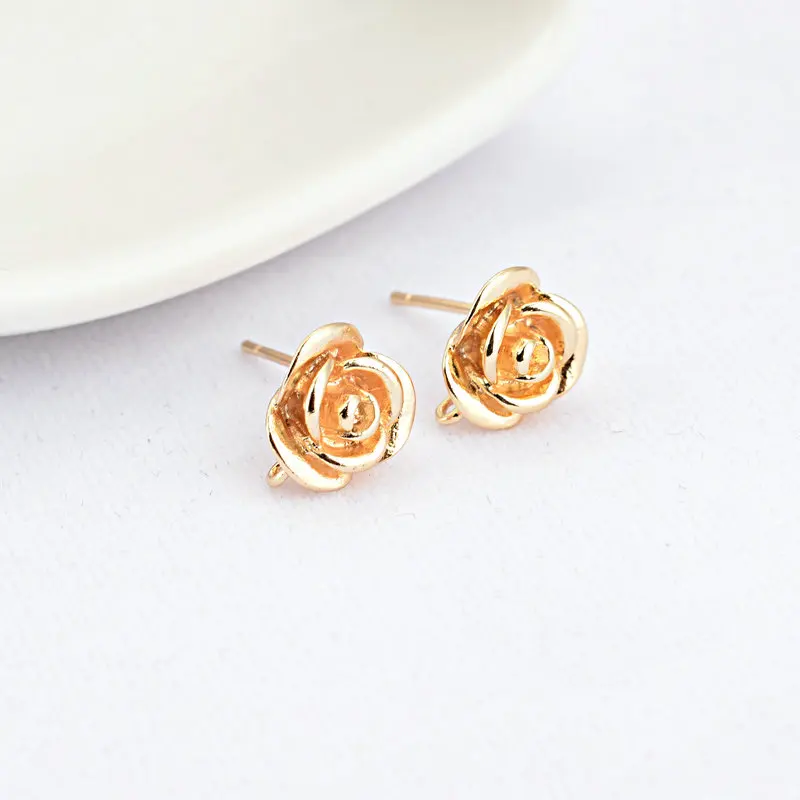 

6PCS 9.5MM 14K Real Gold Plated Brass Rose Flower Stud Earrings High Quality Diy DIY Jewelry Making Finding Accessories