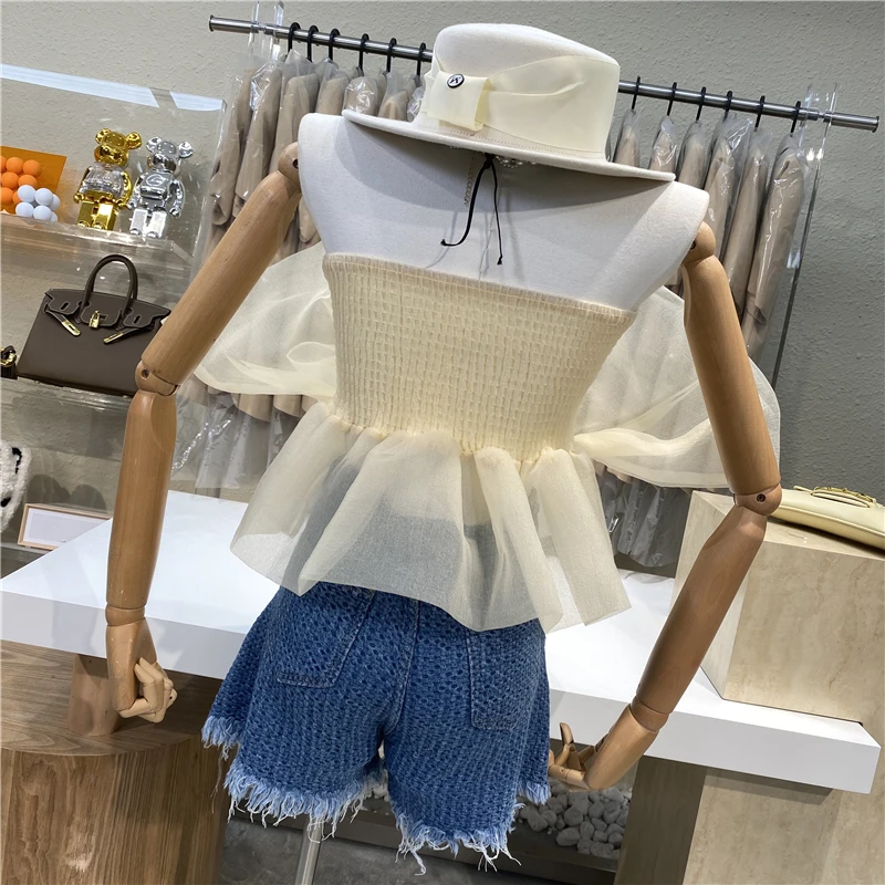 

Ropa Mujer Mesh Flower Tube Top Women's T Shirts Oversized T Shirt 2021 Fashionable Back Elastic Vest Outer Wear Shirt