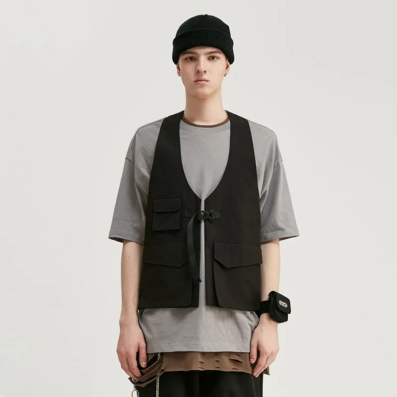 Жилетка мужская однотонная с множеством карманов модная уличная одежда для