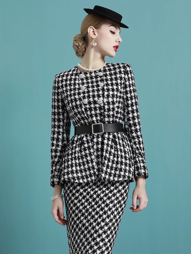 

Tailor Shop Custom Made Mother of The Bride Gown Outfit for Wedding wool black white houndstooth jacket skirt suit