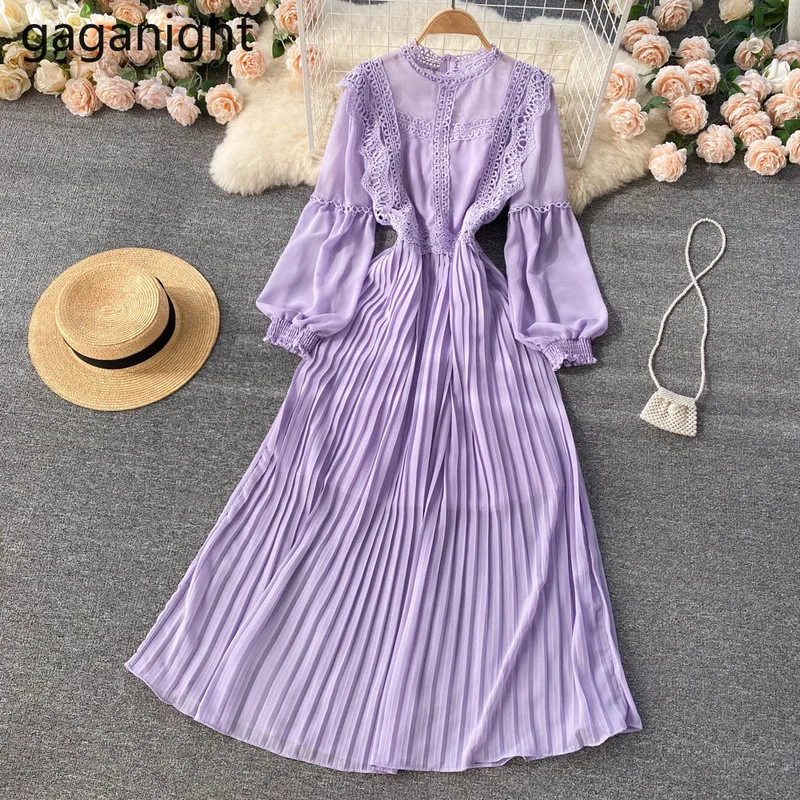 

Gaganight Women Dress 2021 Autumn Winter New French Retro Sweet Fairy High-end Stand-up Collar Lace Long-sleeved Dress Ladies