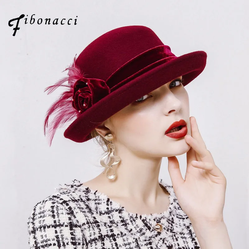 

Fibonacci Hats For Women 100% Wool Felt Fedora Hat Wide Brim Ladies Formal Retro Bowler Round Hat Feather Floppy Church Caps Red