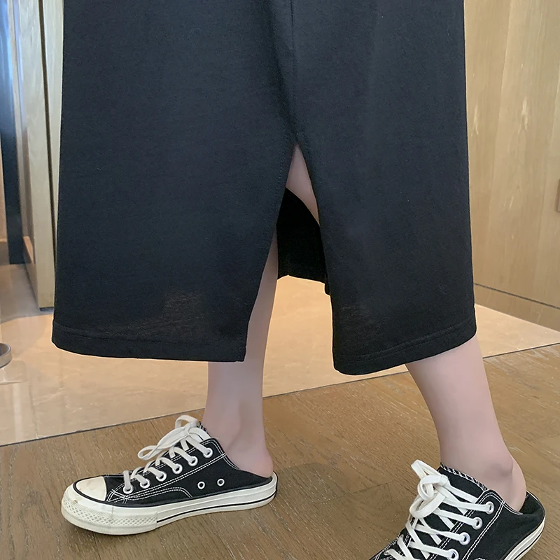 

Vefadisa Black Plus Size Summer Women Long Dress 2021 Letter Print Female Dress Side Split Mid-Calf Short Sleeve Dress QYF5589