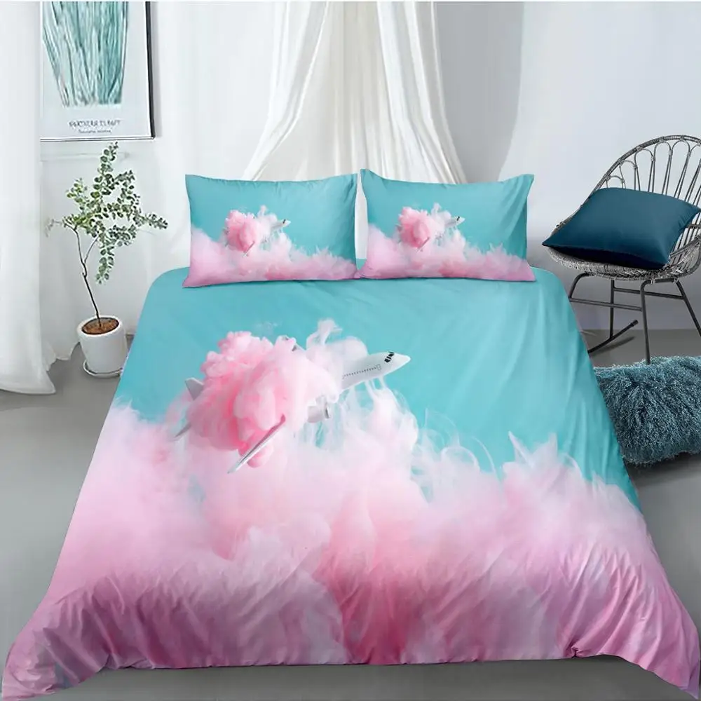 

Комплект постельного белья для девочек, креативный розовый комплект постельного белья с 3D-принтом самолета, с абстрактными цветами, 2/3 пред...