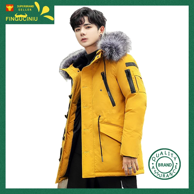 

-30 Degree Winter Down Jacket Men 90% White Duck Down Parkas Coat Mid-length Large Fur Collar Down Thicken Coat Snow Overcoat