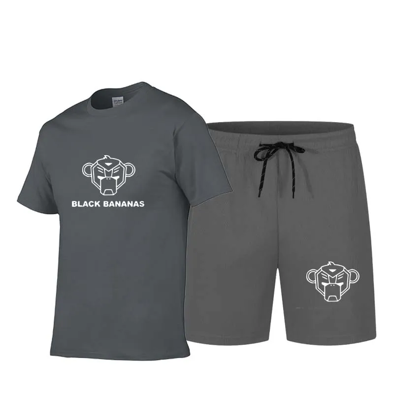 

BLACK Men's T-shirt + Shorts Two Piece Casual Sportswear Men's Sportswear Brand BANANAS Print Top + Shorts Fitness Pants