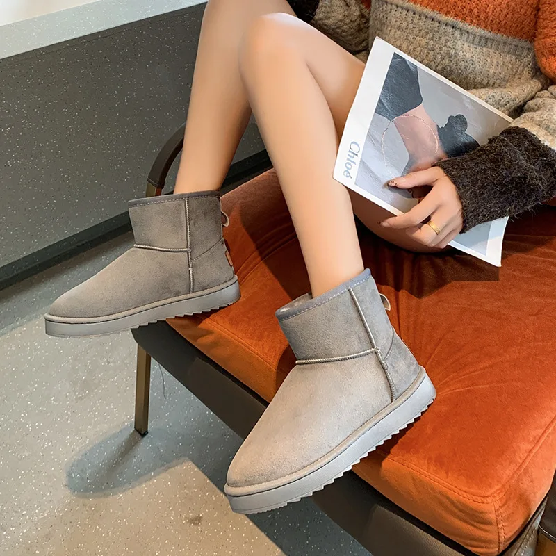 

Женские зимние ботинки, новинка 2021, короткие ботильоны, толстая кожа, шерсть, большой размер, зимние теплые и кашемировые Нескользящие ботин...