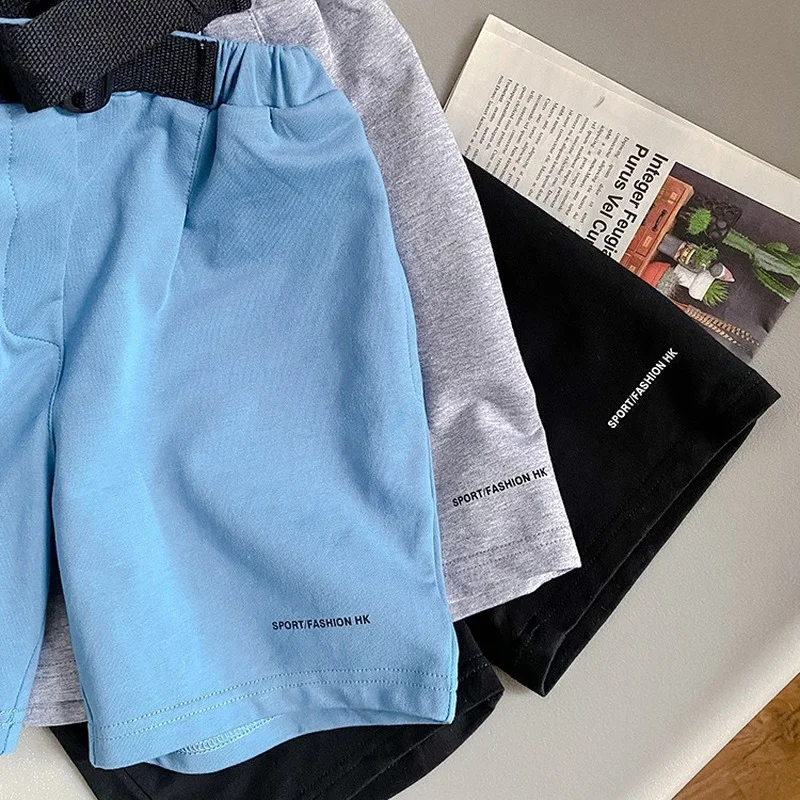 

Summer 2021 boys solid color casual soft shorts baby boys cotton loose all-match belt knee-length pants