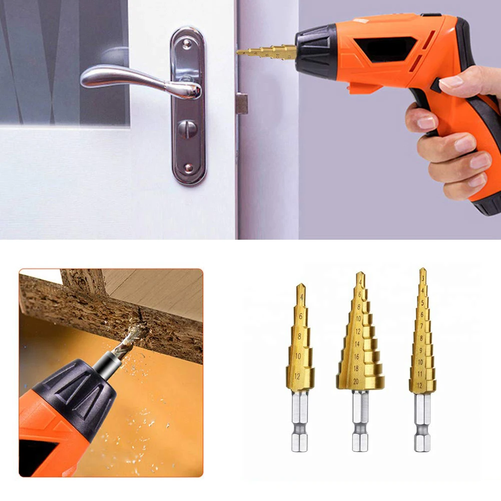 

3pcs 3-12mm 4-12mm 4-20mm HSS Straight Groove Step Drill Bit Set Titanium Coated Wood Metal Hole Cutter Core with 1 Center Punch