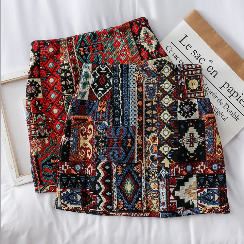 

Women Boho Skirt Embroidery A-Line Mini Skirts Chic Geometry Pattern Woolen Wide Leg Vintage Bohemian Folk Skirts Women