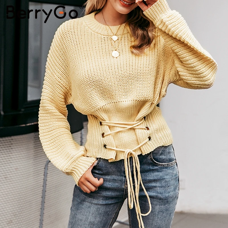 BerryGo Lace up waistband knitted pullover sweater Women black warm long sleeve jumper Autumn winter 2017 knitting pull femme | Женская