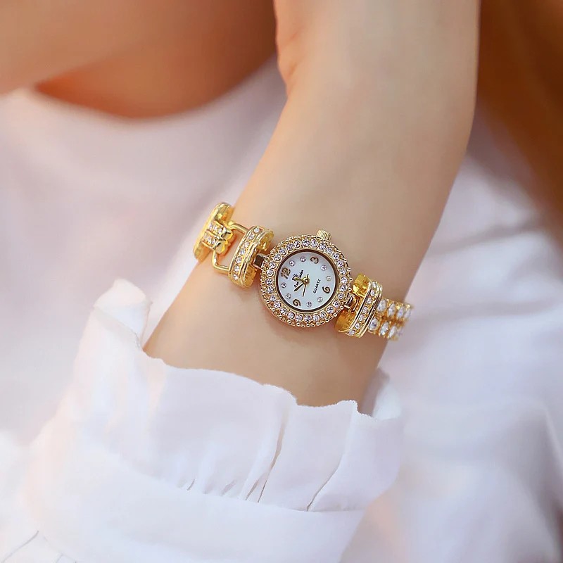 Женские наручные часы из нержавеющей стали золотые с кристаллами и бриллиантами