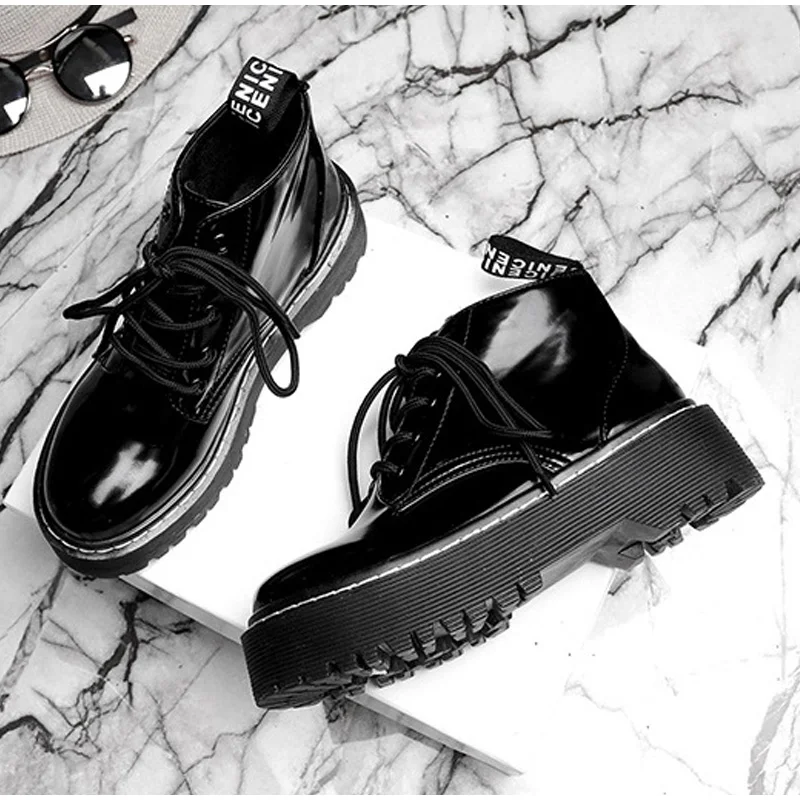 Women's Flat Platform Ankle Boots Autumn Patent Leather Boot Black Lace Up Creepers Shoes Fashion Party Footwear Drop Shipping