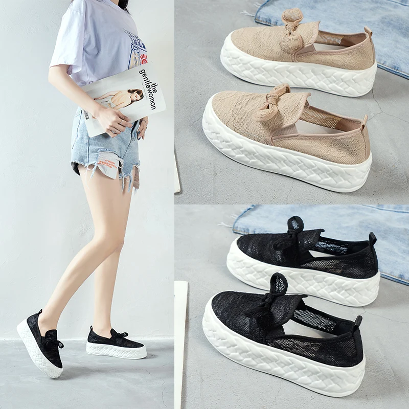 

Женские сетчатые туфли на платформе, с бантом, осенний комплект, дышащая Спортивная повседневная обувь на плоской платформе, 2021