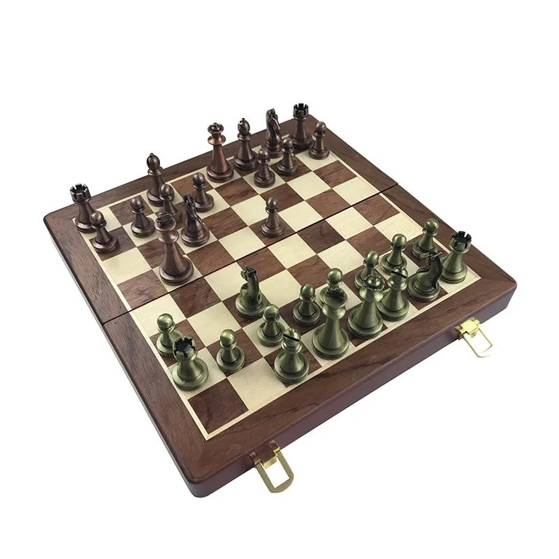 High-end Wooden Folding Chessboard Retro Metal Alloy Chess Board Pieces Chess Game Set 30*30*2.7cm Chessboard Friends Gift