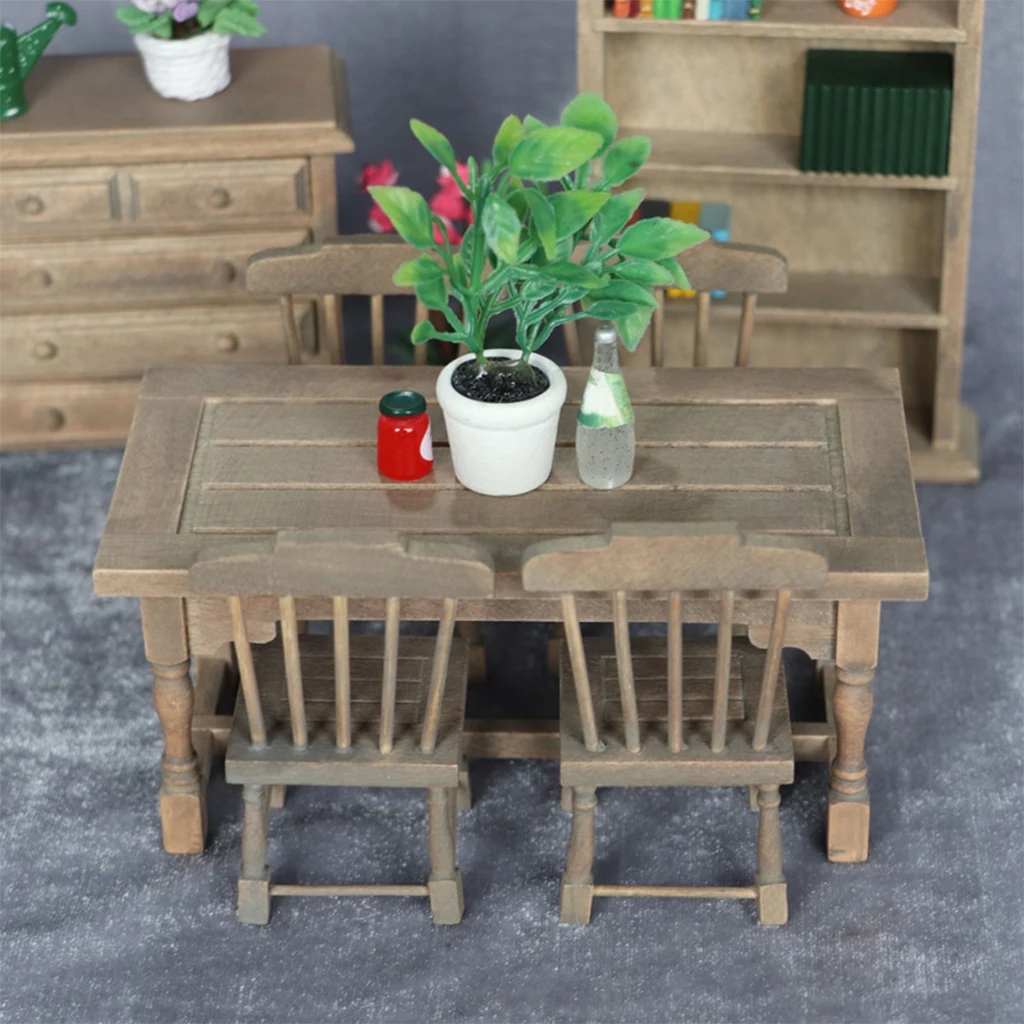 

5Pcs Wooden 1:12 Dollhouse Miniature Dining Table Furniture Model Set Doll Accessories Pretend Play Hobby Toy Wood Color
