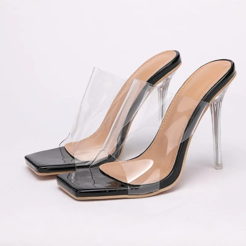 

Female Shoes Low Square Toe Transparent Slippers Glitter Slides Women Heels 2021 Jelly High Rome Fabric PU Basic PVC Hoof