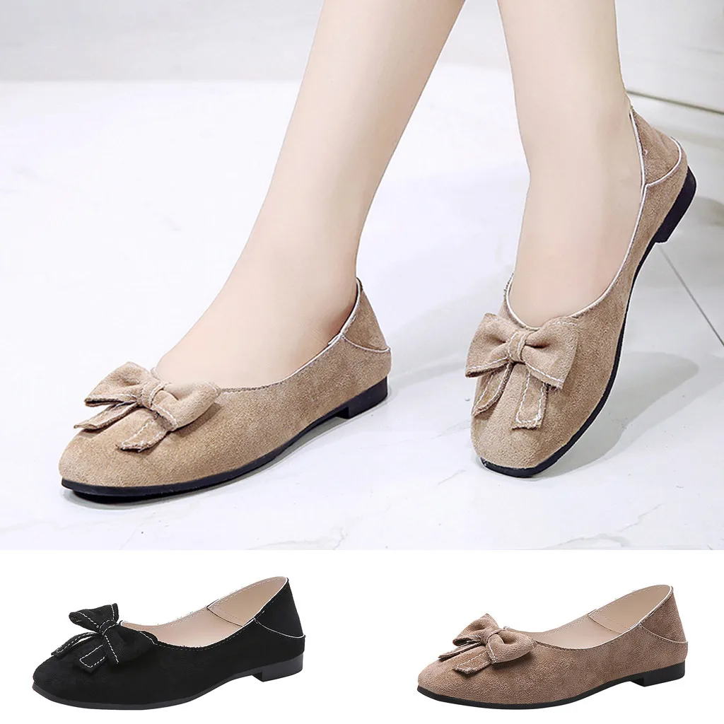 

Fashion bow shallow mouth slip women's retro fluffy round ballet flat bottom ladies casual solid color lazy casual shoes