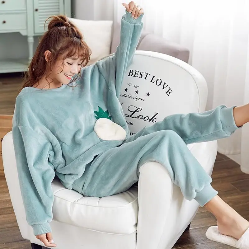 

Flannel Winter Pajamas Set Women's Sleepwear Warm Sexy Cartoon Homewear Big Size 2Piece/Suit Long Sleeve Shirt Pant Lingerie