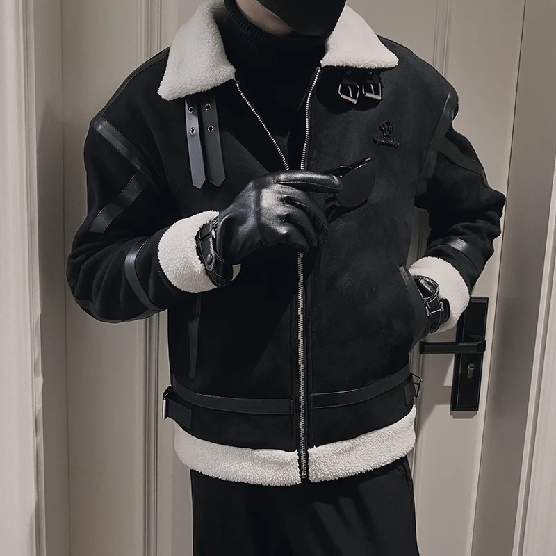 Autumn Winter Suede Men Jackets Plus Velvet Thickened Lapel Collar Motorcycle Parkas Casual Social Street Coats Chaquetas Hombre