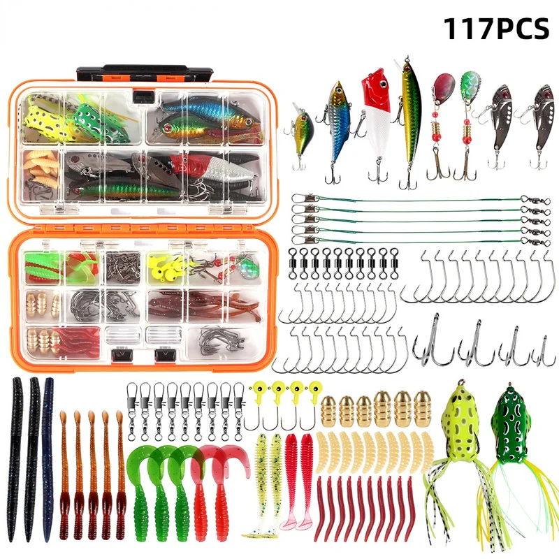 

117 Pieces of Fishing Gadgets Waterproof Suit Bionic Fake Lure Connector Metal Sequin Crank Hook Threaded T Tail Fishing Tool