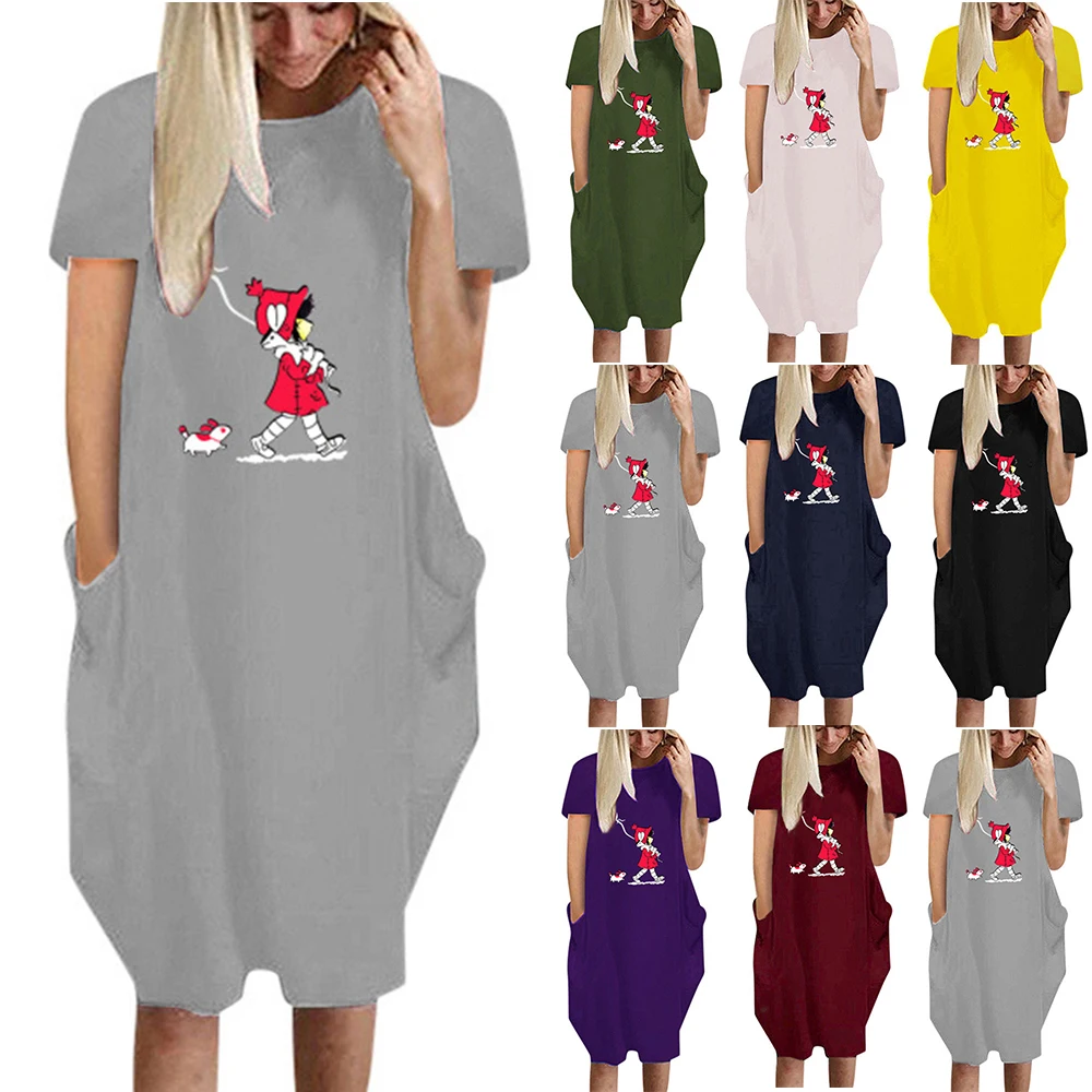 

Summer Dress Loose Short Sleeve O-neck Printed Oversize Fashion Casual Dress Pocket Sundress Vestio Plus Size