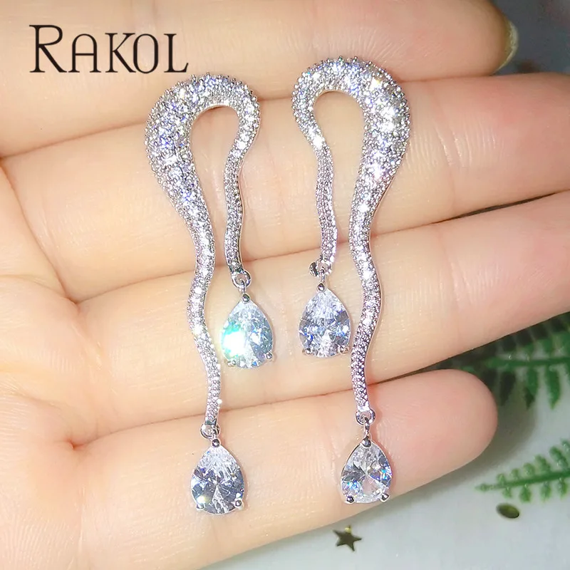 Женские свадебные серьги с фианитом RAKOL роскошные и вечерние капельками воды
