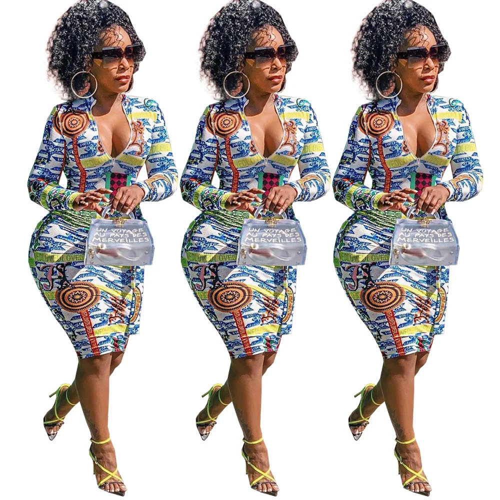 Платье на молнии с длинными рукавами и принтом каракули Осенняя уличная одежда