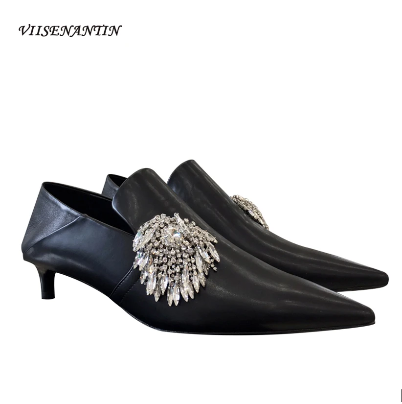 

Pointed Sun Flower Rhinestone Kitten Heel Catwalk Shoes for Autumn and Winter New Solid Color Deep Mouth Stiletto Heel Shoes