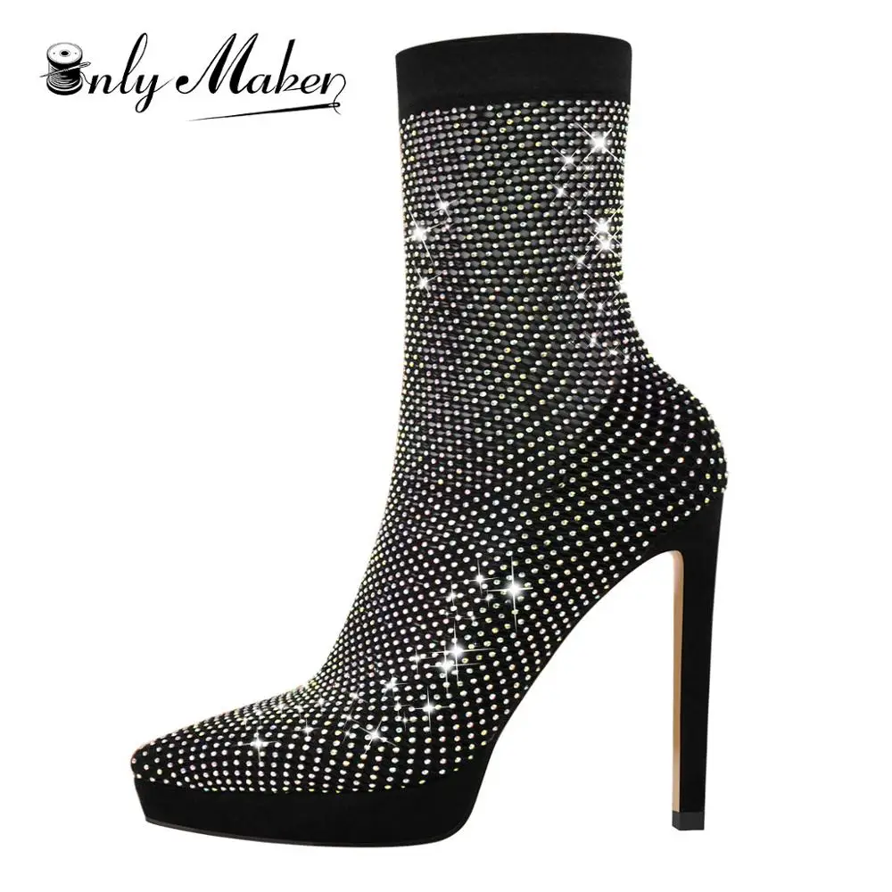 

Onlymaker Women's 2020 NEW Sexy Boots Sandals Clear Fishnet Platform Pointed Toe Slim High Heels Rhinestone Sandals Boots