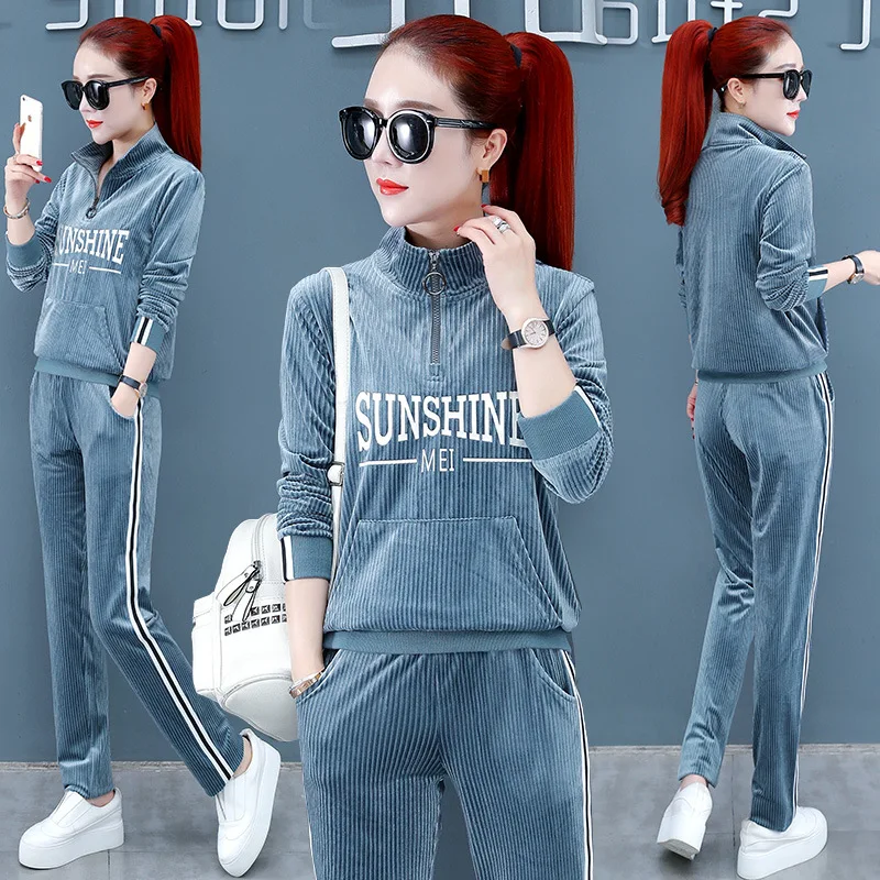 Осенний Бархатный спортивный костюм женский комплект с длинным рукавом пуловер