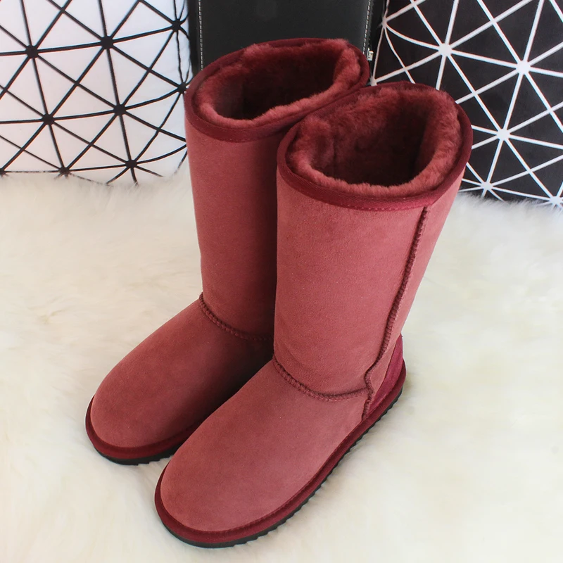 G& Zaco/Роскошные зимние сапоги до колена из овечьей кожи; зимние сапоги из натуральной шерсти; сапоги на овечьем меху; женские высокие классические кожаные шерстяные сапоги - Цвет: wine red