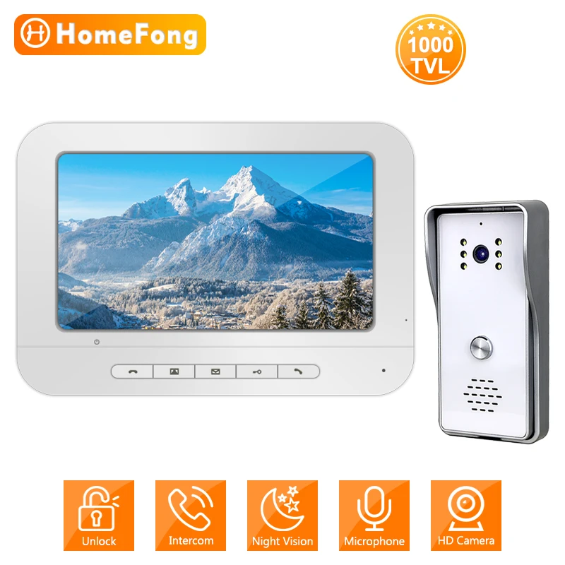 

HomeFong Video Door Phone Home Intercom 1000 TVL Night Vision Camera 7-Inch White Screen Doorbell Entry Security System