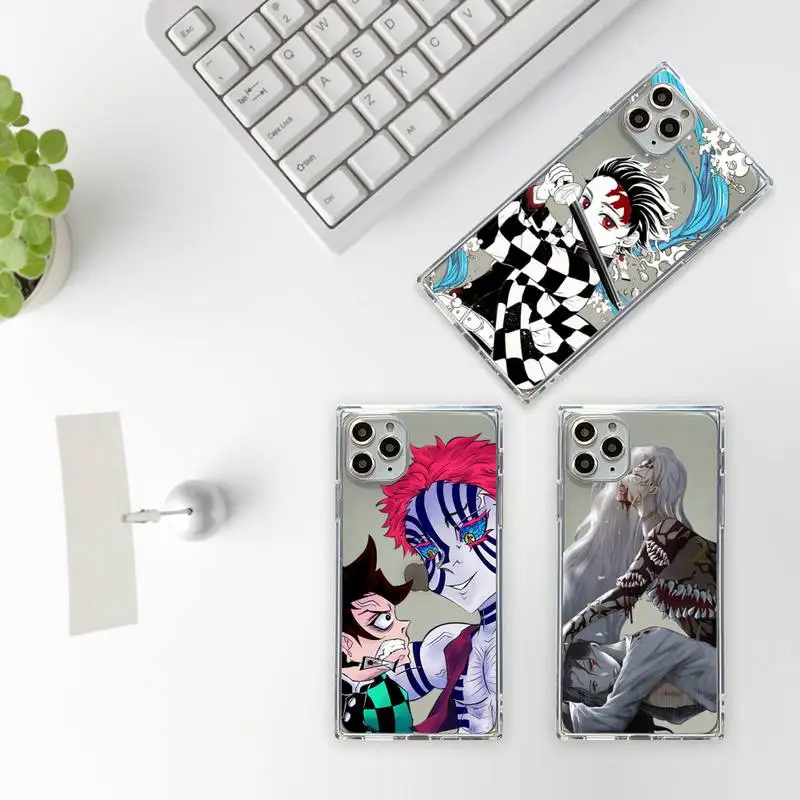 

Anime Demon Slayer Akaza Phone Case For iPhone 7 8 11 12 X XS XR MINI Pro Max Plus Clear Square Transparent Anime Cartoon Shell