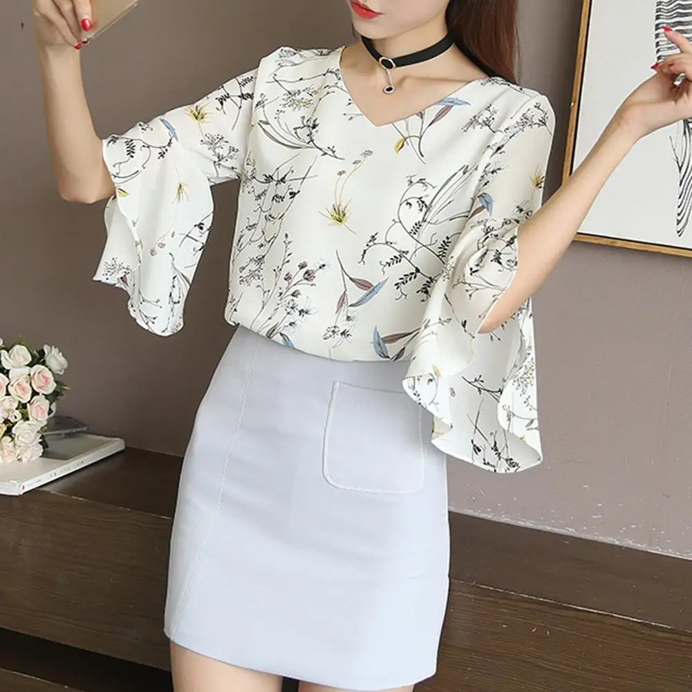 

Office Shirts Top Women Fashion Flower Print Half Flare Sleeve V Neck Chiffon Blouse Female Elegant Summer Vacation Streetwear