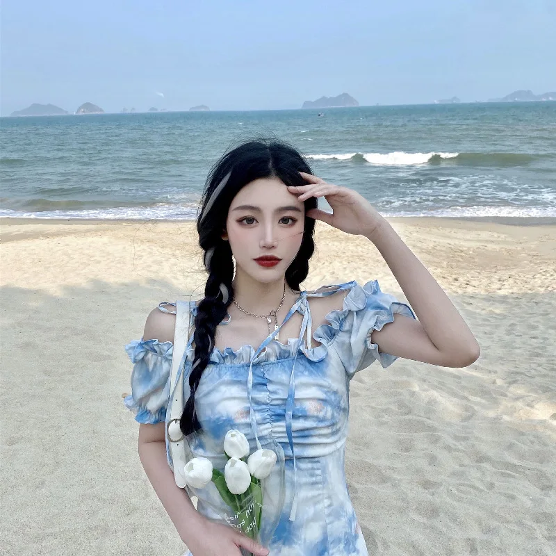 

2021 Vintage Bodycon Dress Women Sexy Lady Tie-dye Print Mini Dresses Summer Chic Robe Slash Neck Ruffles Off Shoulder Vestidos